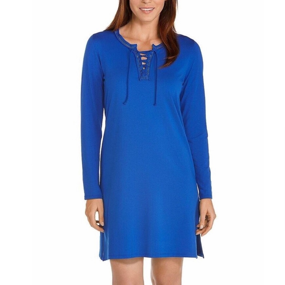 COOLIBAR Baja Blue UPF 50+ Lace-Up Shift Dress Cover Up Lace Up Long Sleeve Sz M